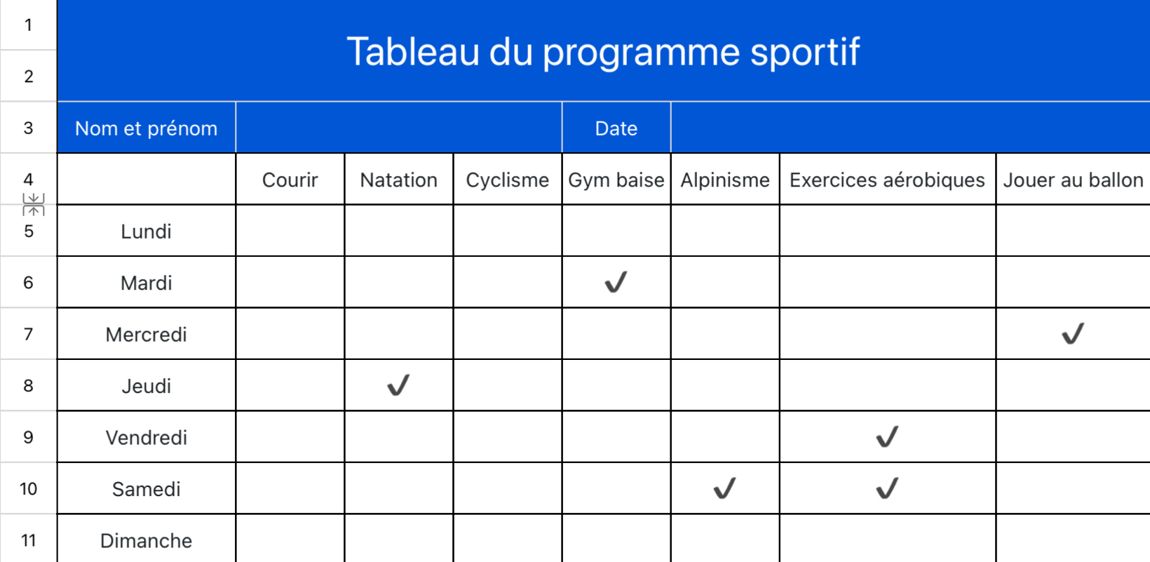 Tableau du programme sportif